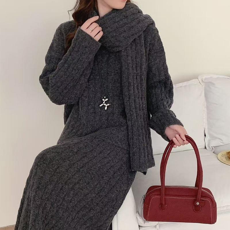 Casual three-piece autumn and winter lazy wind large size long-sleeved scarf knitted sweater skirt set