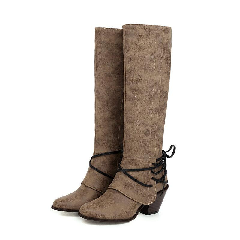 Fashion 2024 Winter Women Boots Shoes Fashion Vintage Lace-up Boots Women Round Cowboy High Heels Booties Shoes Woman Botas Mujer