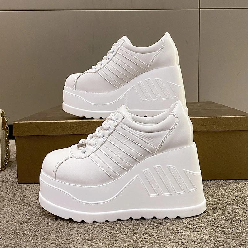 Fashion 2025 White Shoes Women Lace Up pu Leather Wedges High Heel Pumps Shoes Female Breathable Chunky Platform Fashion Sneakers Size42
