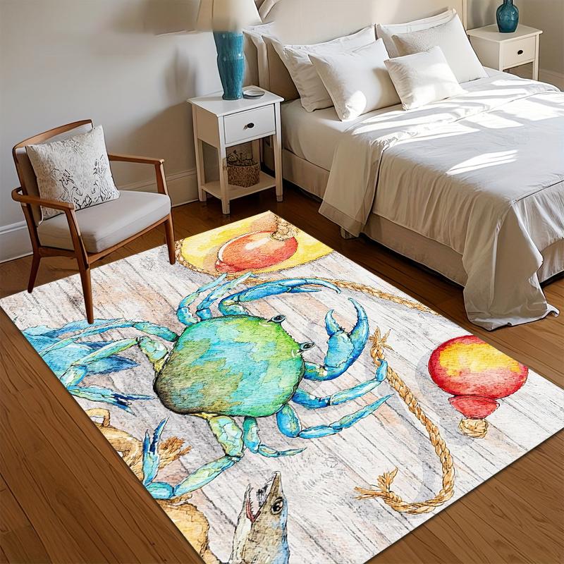 White Blue Crab Watercolor Area Rug for Living Room Bedroom Coastal Nautical Beach Home Decor Soft Non Slip Washable Floor Mat