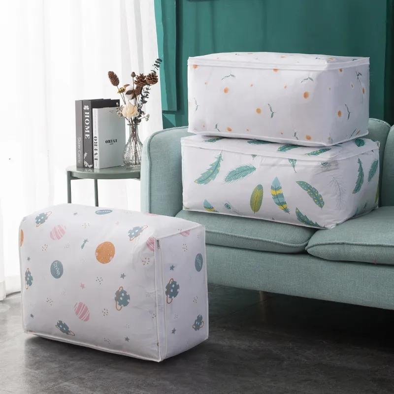 Foldable Quilt Storage Bag Feather Print Home Clothes Quilt Pillow Blanket Storage Bags Travel Luggage Organizer Bag Accessories