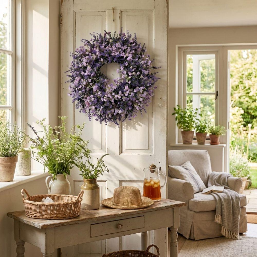 Lifelike Artificial Lavender Wreath Vivid Colors Fresh Lavender Floral Wreath Plastic Handmade Simulated Garland Porch Window