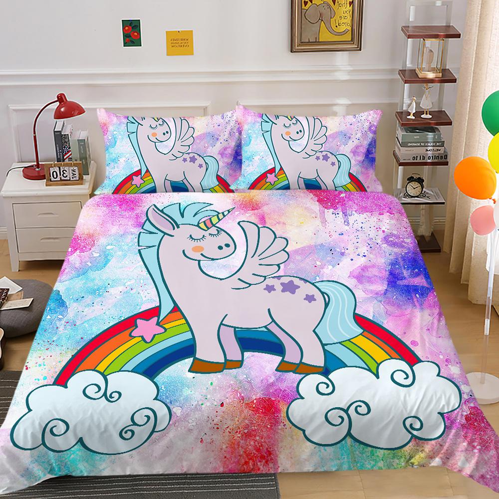 3D Unicorn Print Bedding Set Duvet Cover Cool for Kids School Adults Bedclothes Microfiber Quilt Cover