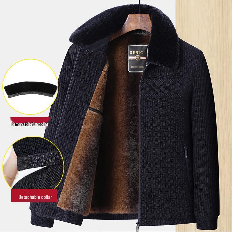 

Men s Snow-Proof Chenille Jacket with Detachable Fur Collar and Ribbed Trim - Plus Velvet for Extra Warmth Size 180