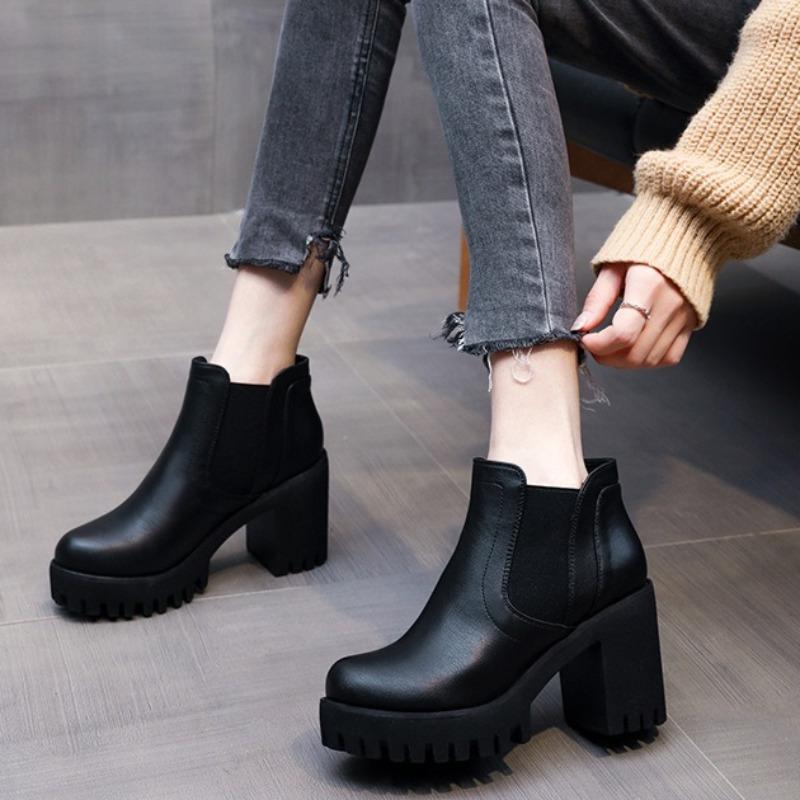 Women Boots High Quality Casual Leather Boots Thick Sole High Heels Boot Black Work Ankle Boots Platform Casual Boot Botas Mujer