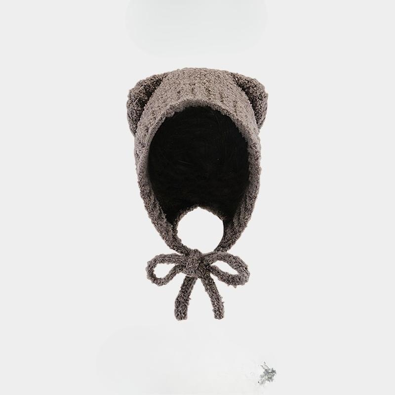 Plush Bear Ears Knitted Hat Women's Autumn and Winter Face Revealing Small Maillard Style Beanie Warm Big Head Cold Hat