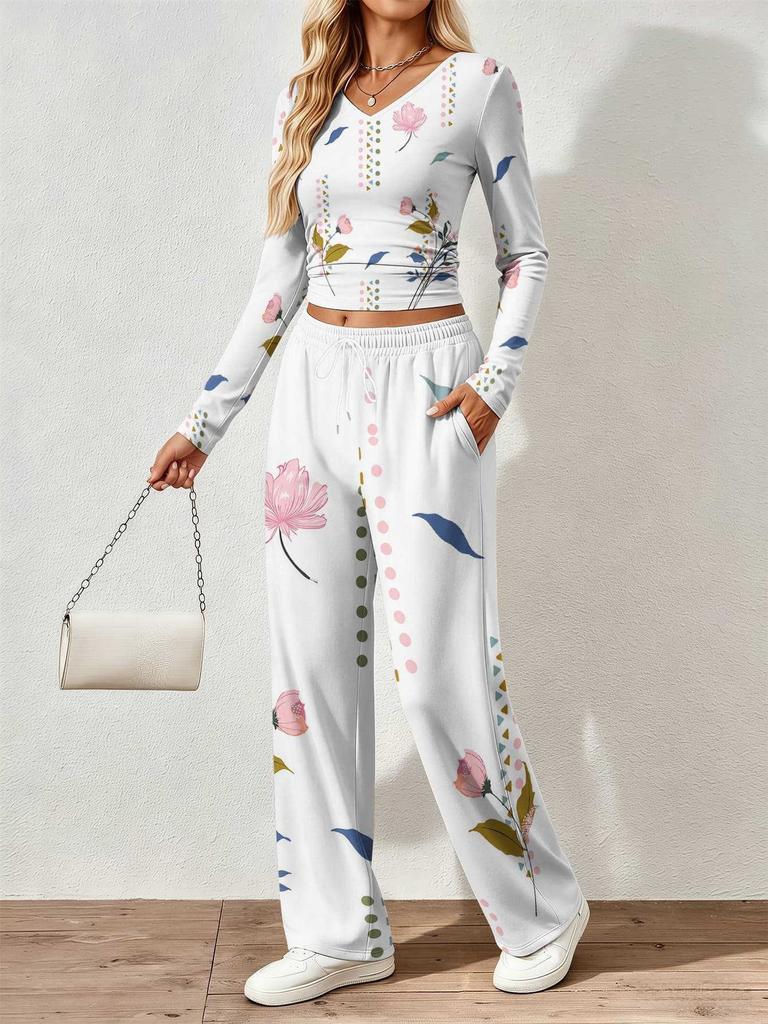 Spring and Autumn Ladies V-Neck Long Sleeve Pants Set Comfortable Casual Versatile Slim Two-piece Set