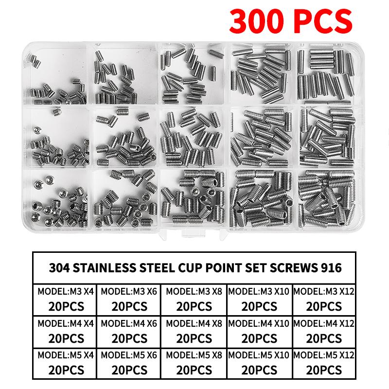 304 Stainless Steel Cup Point Set Screws Kit, Hex Socket Allen Key Grub Screws Assortment , M3 M4 M5 M6 M8 M10 Sizes, DIN 916