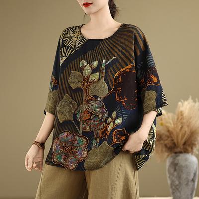 Ethnic Style Large Size Wide Panasonic Swing Doll Shirt Summer Blouse Ethnic Style Print Loose Round Neck Comfortable T-shirt for Women