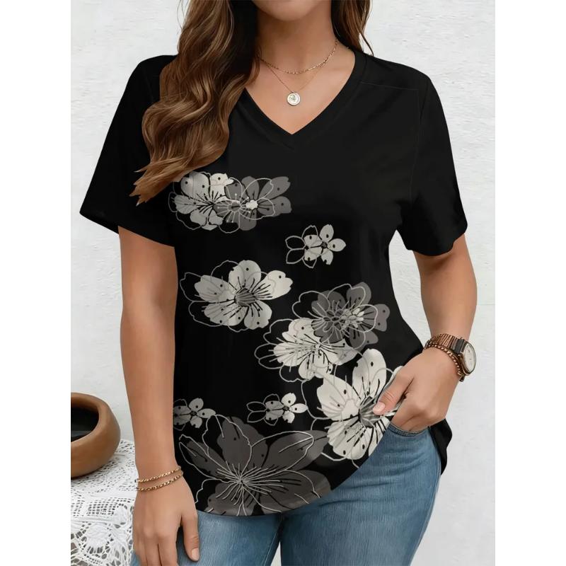 Fashion Women's V-Neck Short Sleeve 3D Casual Color Printing Casual Short Sleeve V-Neck T-Shirt