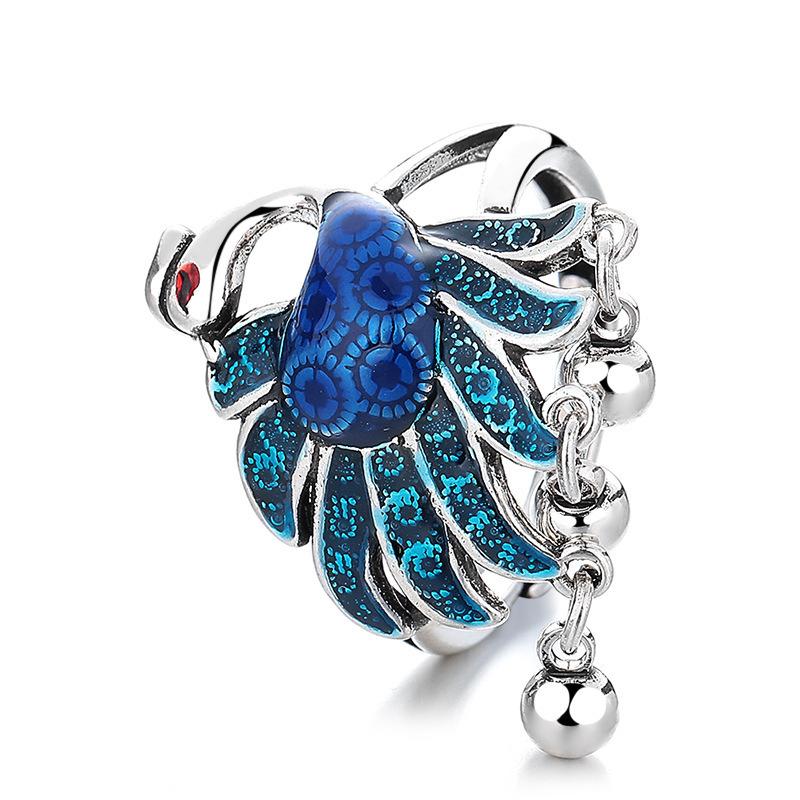 Love and Fashion2025New vintage ethnic style cloisonné enamel tassel phoenix ring for women, versatile and stylish with resin accents