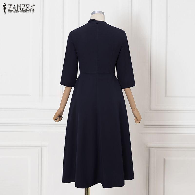 ZANZEA Women Casual Round Neck 3/4 Sleeve Elegant A-Line Dress