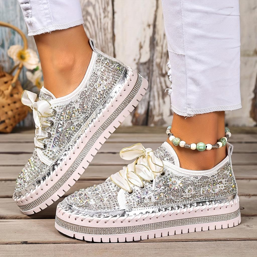 Size 35-44 Fashionable, Versatile, Elegant, Comfortable Lace-Up Chunky Sole Sequined Studded Sneakers