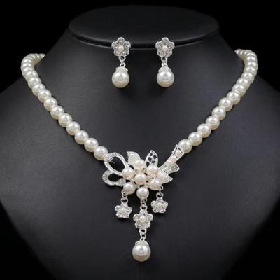 1 Set Wedding Faux Pearl Jewelry Women Flower Necklace And Earrings Elegant White