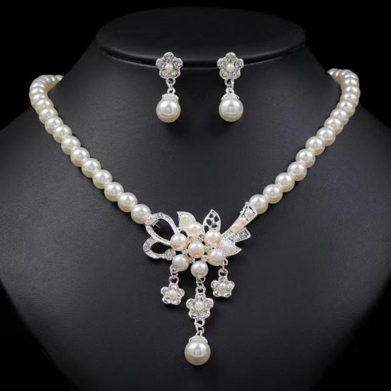 1 Set Wedding Faux Pearl Jewelry Women Flower Necklace And Earrings Elegant White