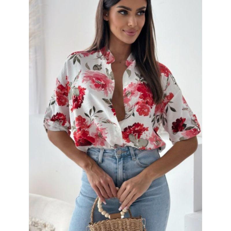 Sweet Summer New Arrival Fashion Stand Collar Single-Breasted Large Flower Pattern Fashion Temperament Commute Half-Sleeve Shirt Tops