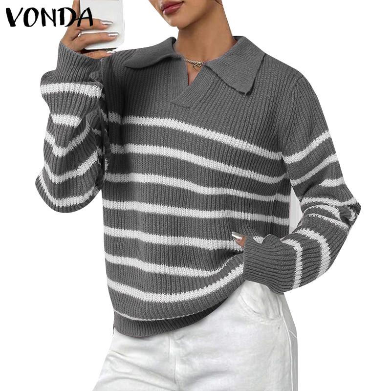 VONDA Winter Women Sweaters Lapel Striped Long Sleeve Pullovers Jumpers