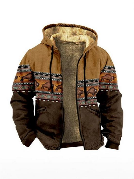 Retro Męska Zimowa Kurtka Bawełniana z Podszewką z Polarowego Materiału z Kapturem i Zamkiem Błyskawicznym