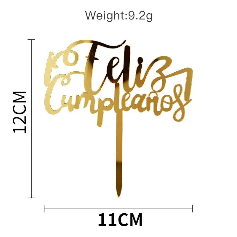 Acylic Feliz Cumpleanos Espanol Spanish Happy Birthday Cake Topper Gold Crown Design Cupcake Baking Supplies Party Decoration
