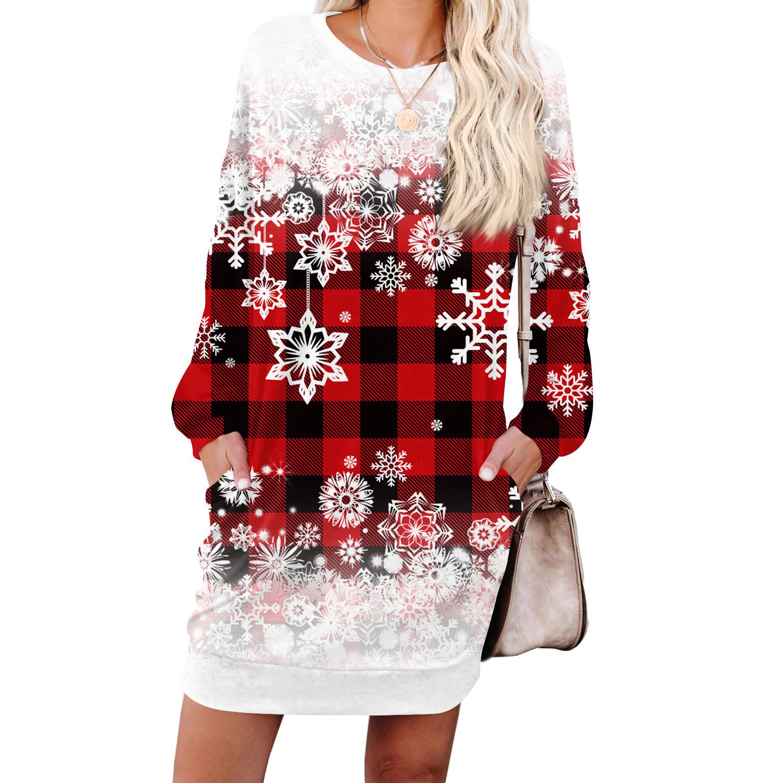 

Женское модное платье с клетчатым принтом, длинными рукавами, круглым вырезом и карманом M винный