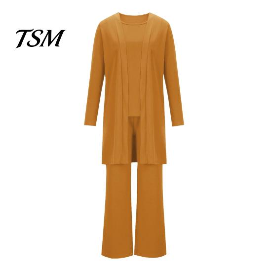 Damen Alltagsmode 3-teiliges Set Damen Mantel Weste Hosen Set Langarm Strickjacke Rundhals Ärmellos Elastische Taille Weiter Bein Hosen Casual Lockerer Hosenanzug