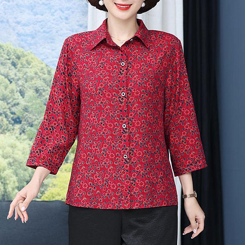 Vintage Broken Printed Blouse Spring Summer 3/4 Sleeve Turn-down Collar Commute Single-breasted Shirt