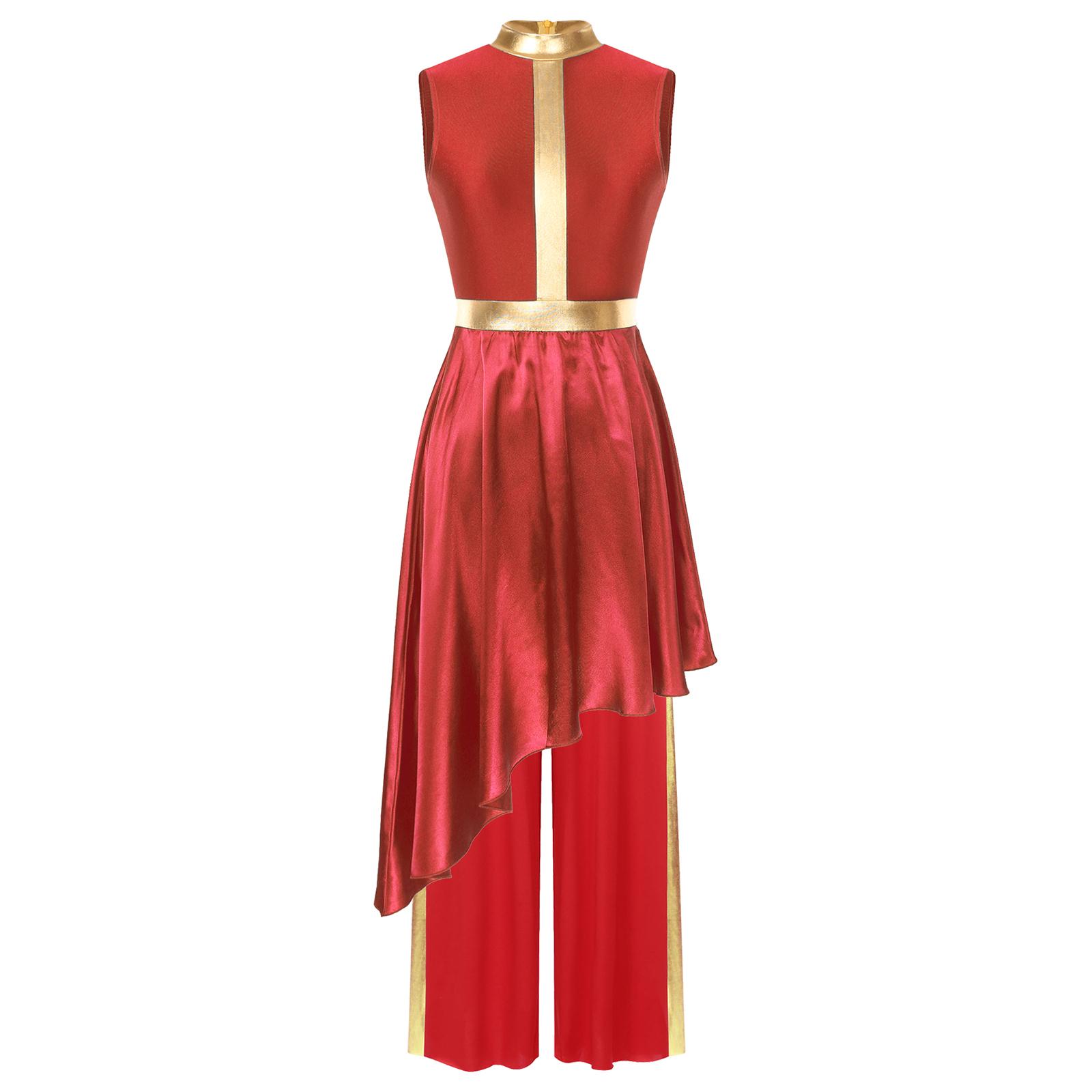 

Womens Liturgical Dance Dress Sleeveless Flowy Asymmetrical Hem with Metallic Loose Pants Worship Performance Outfit S червоний
