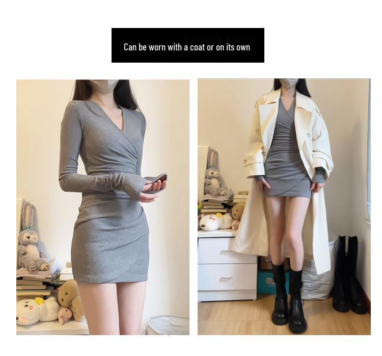 2026 Women's Gray V-Neck Slim Fit Short Skirt - Sexy Winter Inner Wear Dress