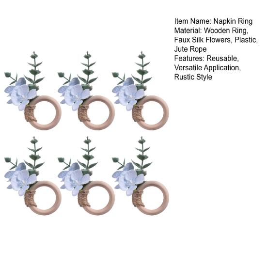 6Pcs Boho Napkin Rings Fabric Flower Faux Eucalyptus Leaf Napkin Holders Rustic Wooden Napkin Rings for Wedding Bridal Shower Dining Table Decor