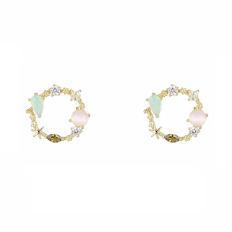 Korean Round Pink Green Crystal Stud for Women 2024 Design Classic Sweet Flower Cirlce Earrings Jewelry Fashion Brincos
