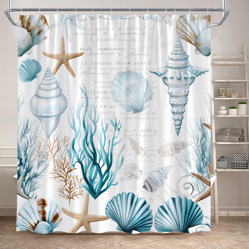 Nauticalní Oceánské Sprchové Závěsy Modrá Mušle Škeble Mořské Řasy Hvězdice Koupelnový Závěs Sada Polyesterová Tkanina Koupelnová Dekorace s Háčky