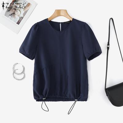 Women Summer Round Neck Casual Short Sleeve Blouse