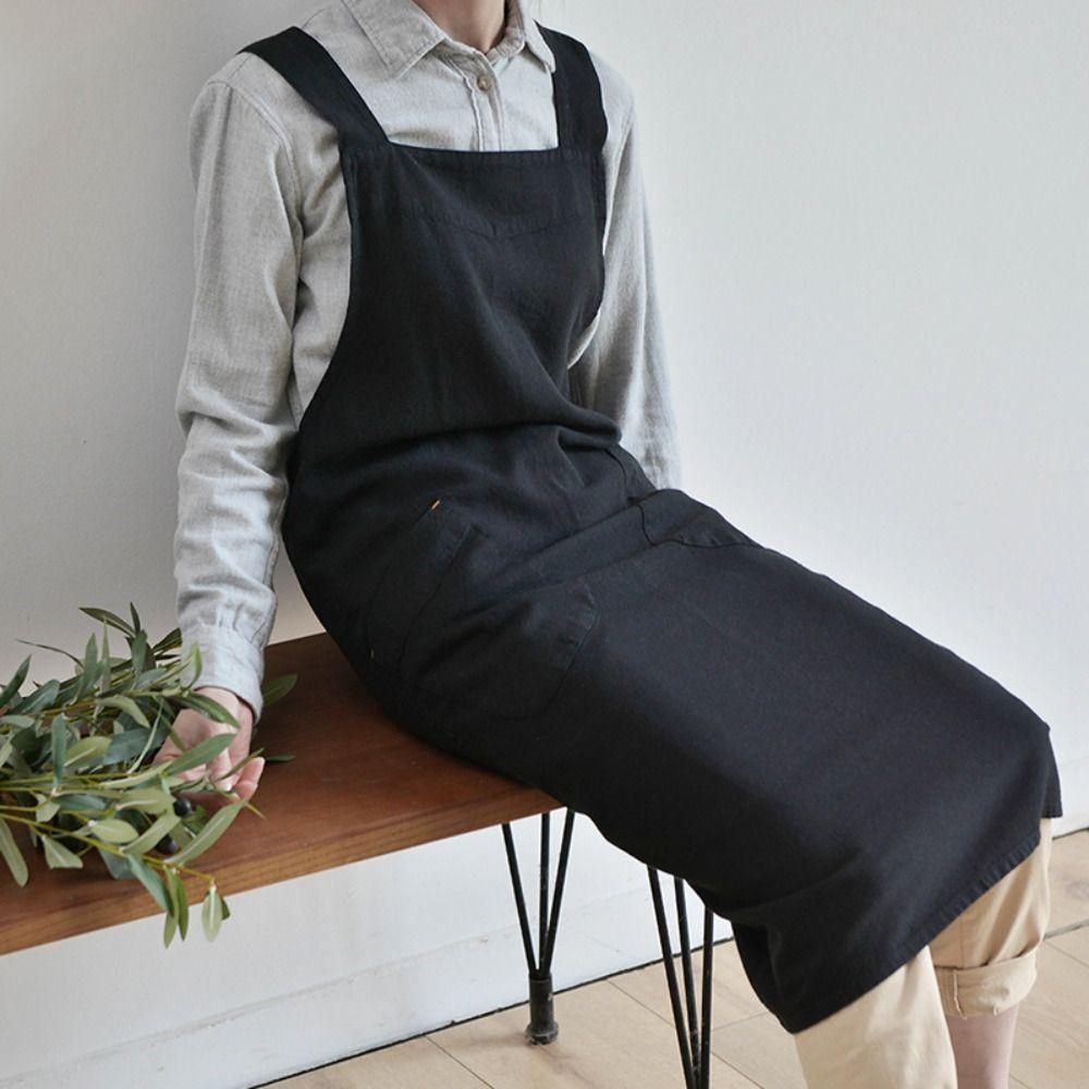 Cotton Linen Kitchen Apron Big Size With Pockets Pinafore Dress Adjustable Straps Japanese Style Cross Back Apron