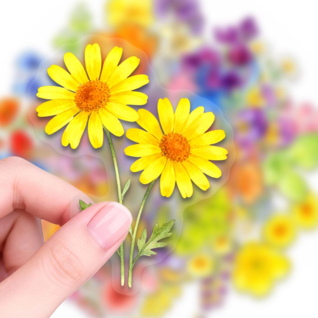 50 Watercolor Flowers Plants Transparent Pet Stickers Mori Wildflowers Daisies Ambience Pull Full Non-Repeating Stickers