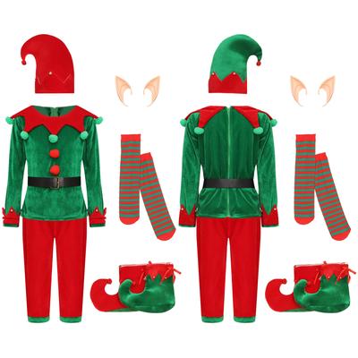 7ks Chlapecký kostým vánočního skřítka Santa Helper Outfit Košile s dlouhým rukávem Top s kalhotami Příslušenství