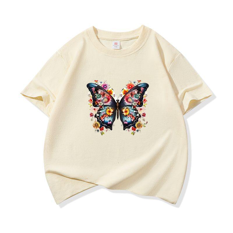 Kids Cotton T Shirt Dark Blue Butterfly With Colorful Flowers Print Crew Neck Short Sleeve Tee Casual Boys Girls Summer Tops