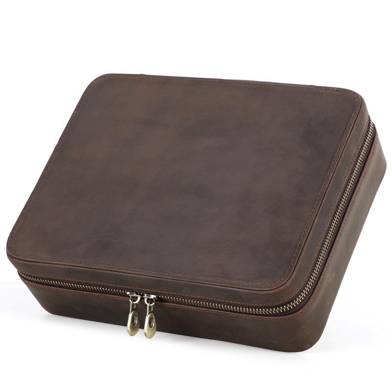 

Retro Crazy Horse Cowhide Portable Wristwatch Storage Box - Eight-Piece Genuine Leather Watch Case кавовий