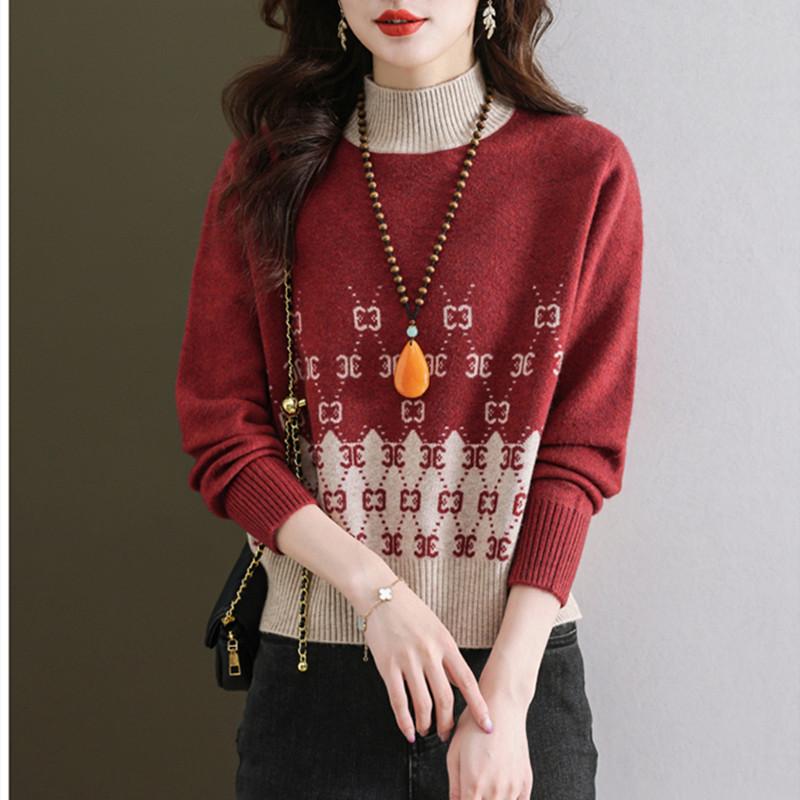 Short Sweater Women's Autumn and Winter Half Turtleneck Knitted Sweater Loose and Casual Long-sleeved Pullover