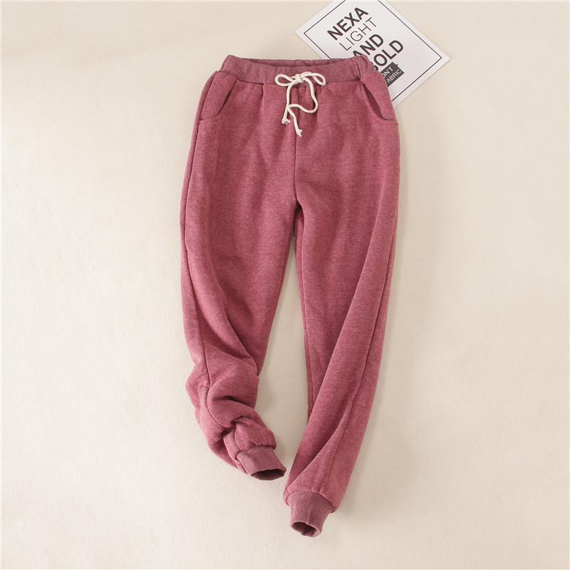 Women's Solid-Color Fleece-Lined Fall/Winter Sweatpants: Lambswool Casual Sweatpants with Cuffed Legs and Drawstrings for Winter