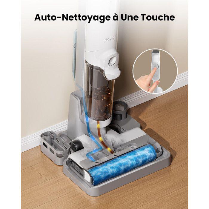 Proscenic F10 Ultra, aspirateur 3-en-1 pour déchets secs et humides, guidage vocal multilingue, séchage rapide et sans traces.