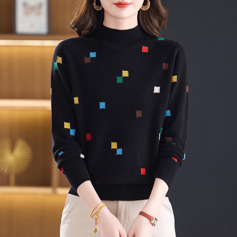 Damski Sweter Wełniany Petite Color Block - Dzianinowy Top z Półgolfem na Jesień/Zimę