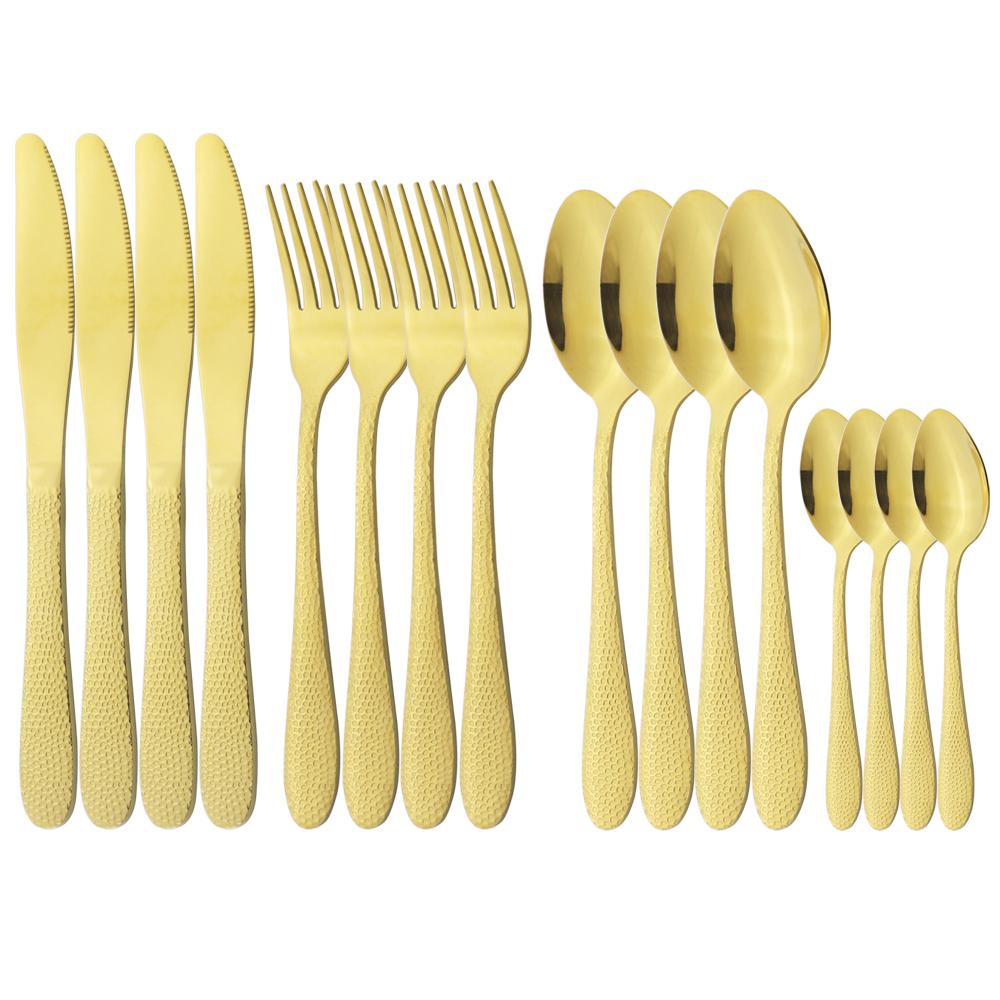 

16 шт. Різнокольоровий набір столових приладів. Високоякісний столовий посуд із нержавіючої сталі. Ніж. Виделка. Чайна ложка. Столовий посуд. Столовий посуд для домашньої кухні. золотий
