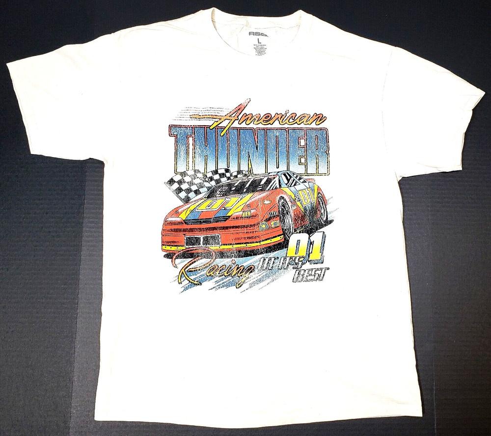 American Car Racing T-shirt Distressed Vintage White Tee Men's LARGE New Unisex T-Shirt