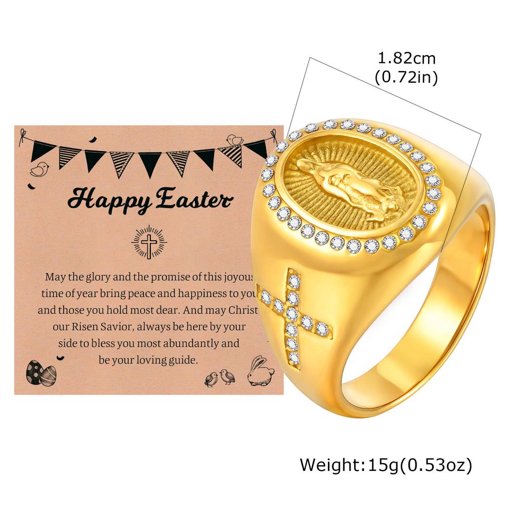 Vnox Men's Stainless Steel Virgin Mary Cross Ring with Easter Card, Gold Color Zircon Thumb Ring, Chunky Religious Jewelry Gifts