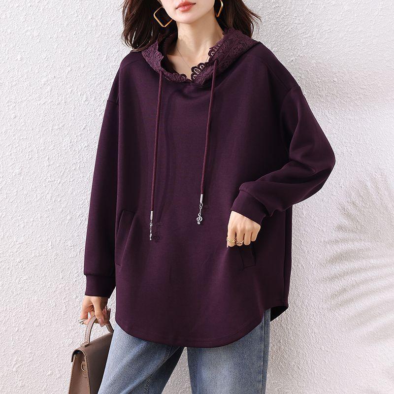 

Жіночий фіолетовий з панелями мереживний з капюшоном середньої довжини модний стильний мінімалістичний вільний приховує повноту повсякденний універсальний худі з довгим рукавом L фіолетовий