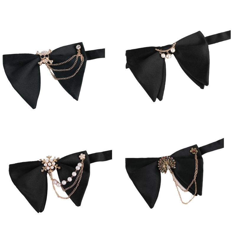 Mens Elegant Black Oversized Bowtie with Pearls Chain Adjustable Pre Tied Horn Bows Tie Tuxedo Necktie for Wedding Party