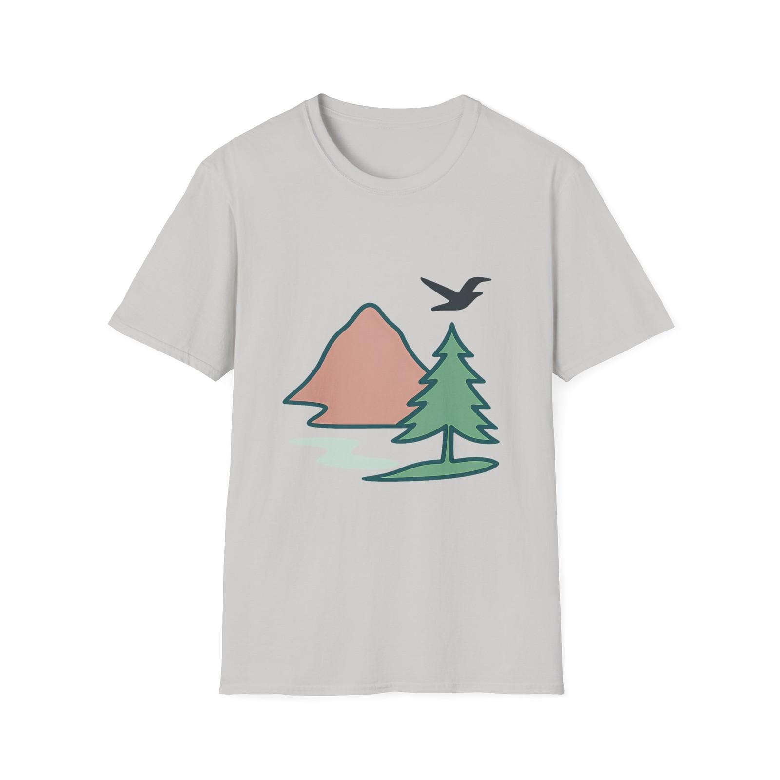 Unisex Softstyle Zen Landscape T-Shirt Mens Womens Tees Top – Mountain, Tree and Bird Streetwear M