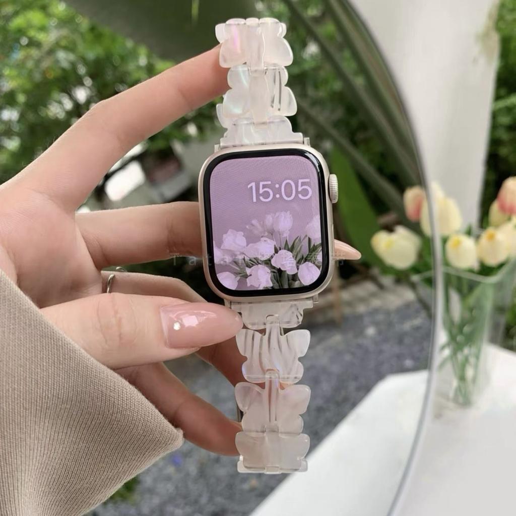 Butterfly Resin Strap for Apple Watch S10-Elastic Retractable Resin Watch Band Female Bracelet for iWatch10/9/8/7/6/5/4/3/2/1/Se/Ultra/Ultra2 42mm