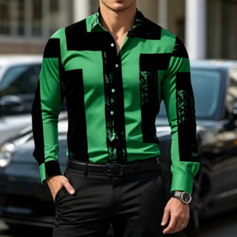 Men's Shirt Color Block Lapel Long Sleeved Shirt Abstract Geometric Print Slim Fit Shirt Light Business Daily Casual