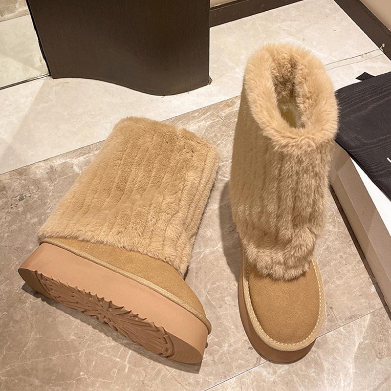 Women Snow Boots Mid-Calf Fur Integrated Winter Cotton Shoes Non-slip Faux Fox Fur Plush Thick Sole Fashion Furry